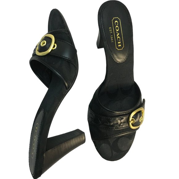 Coach Shoes - Coach Black & Gold Buckle Mules - monogram jacquard & leather
